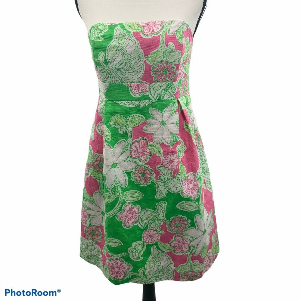 Lilly Pulitzer Strapless Pleated Dress Green Pink